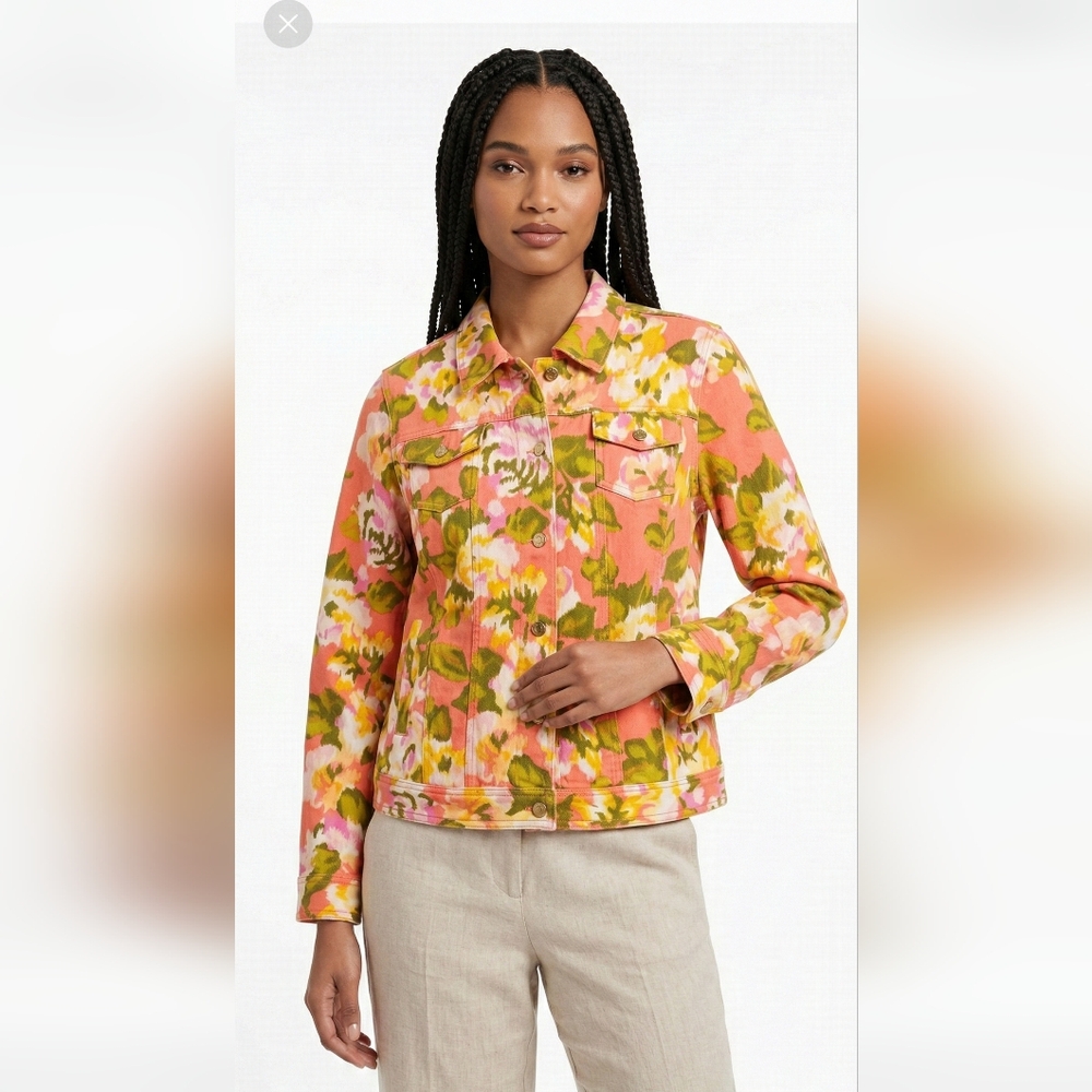 Isaac Mizrahi Live Orange Yellow Floral Jersey Cottagecore Trucker Snap Jacket M